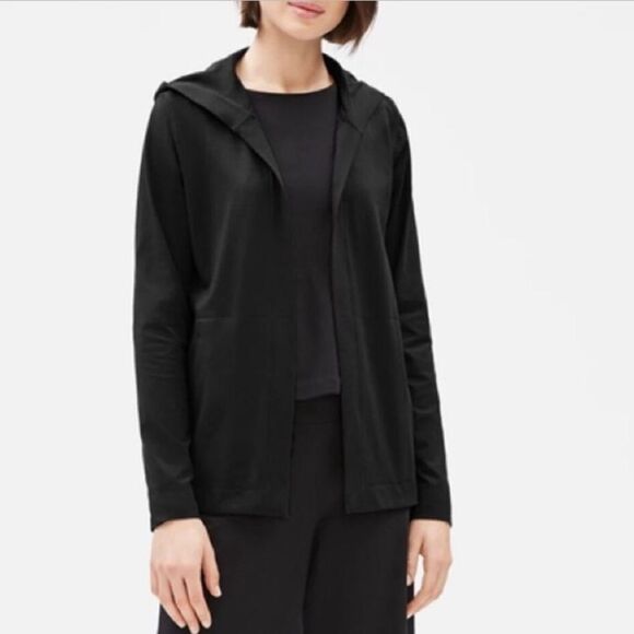 Eileen Fisher Black Organic Cotton Open Front Hooded Cardigan FLAW - Picture 1 of 11